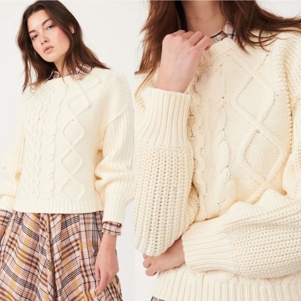 Free People Soft Cozy Chunky Knit Dream Cable Crewneck Sweater Cream Size XL - Picture 2 of 9